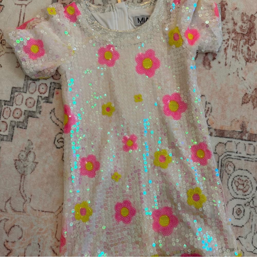 MIA White Sequin Dress with Pink and Yellow Floral Appliqué